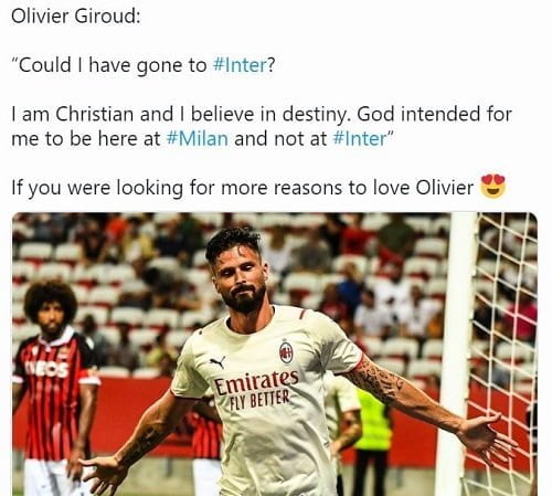 Giroud on why he decided to join AC Milan and not Inter Milan
