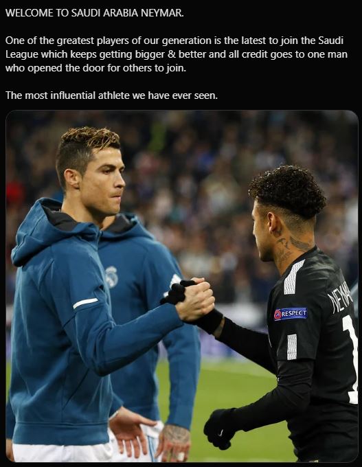 Cristiano Ronaldo Receives Praise for Neymar's Game-Changing Move to Al Hilal in Saudi Arabia