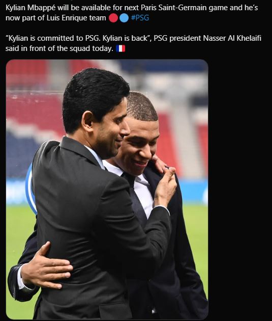 PSG president Nasser Al-Khelaifi reportedly told players at training on Sunday that Mbappe was back in the team for the season. However, Mbappe has already stated that he wants to stay and play before departing at the end of the season when his contract expires, so little has changed in that regard.